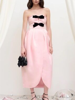 Cider Strapless Pink Midi Dress with Black Bows